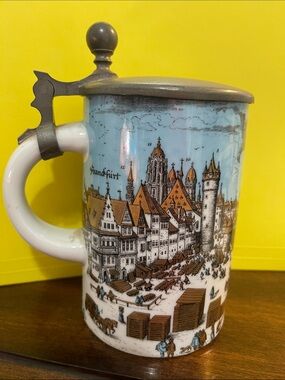 Germany Beer Stein W /LidCeramic Pewter-Lidded Stein Blue Scenic City/Seacape